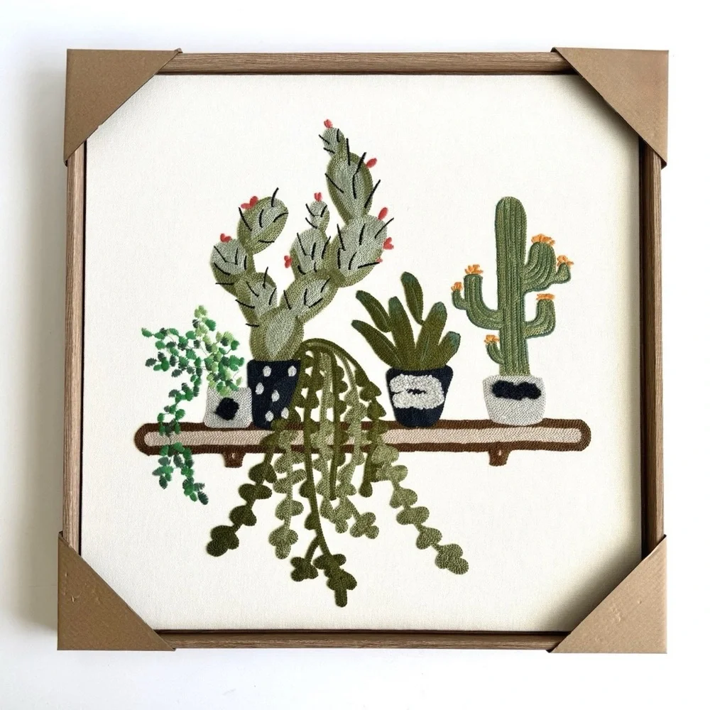 bp home-Embroidered Potted Cactus Shelf Wall Art - Green